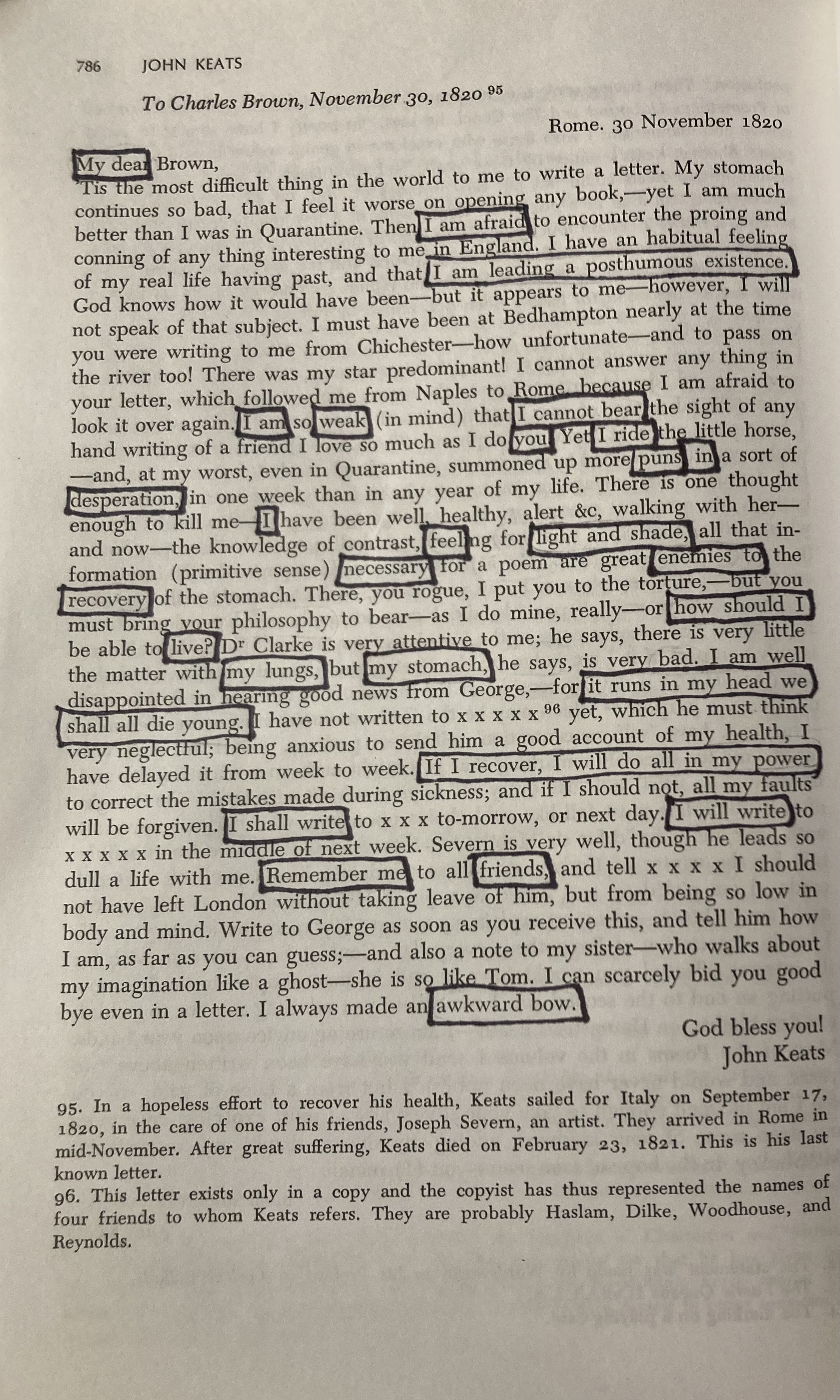 Erasure from Keats' Last Letter